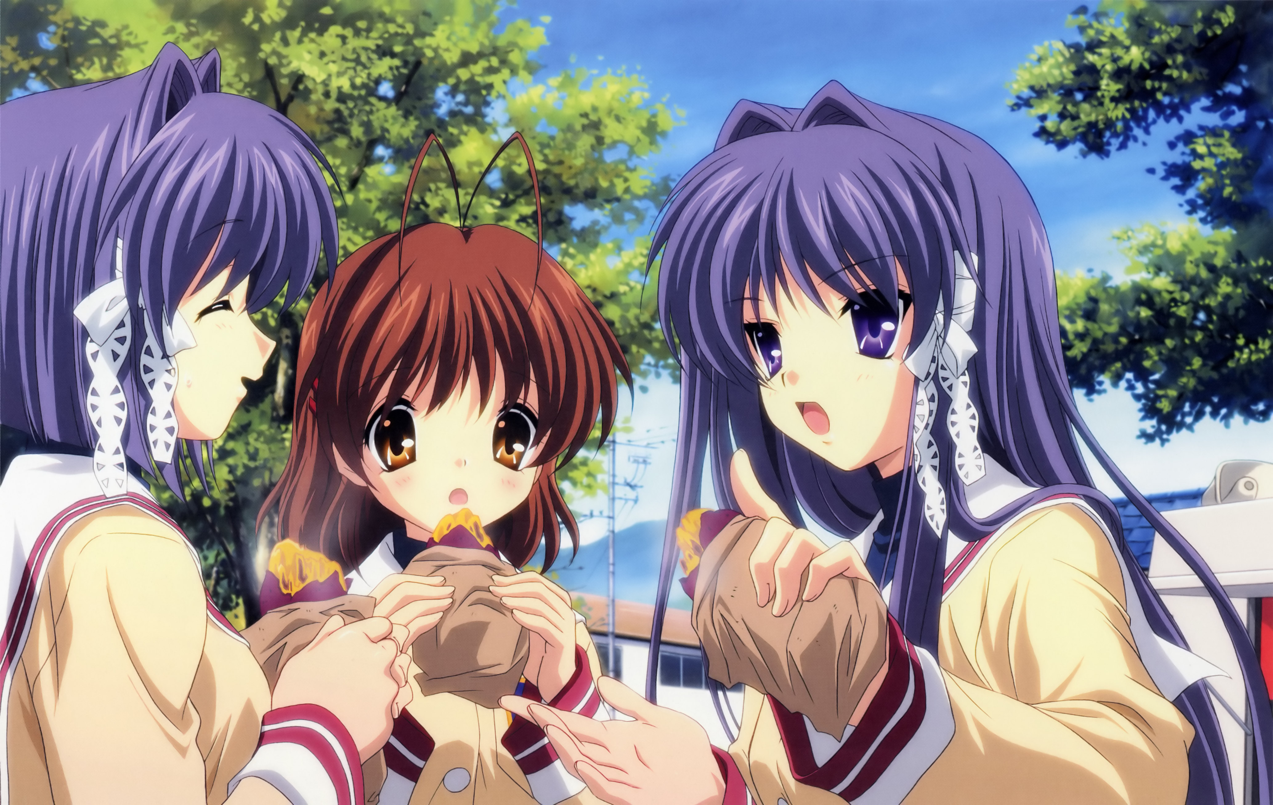 ikeda kazumi, fujibayashi kyou, fujibayashi ryou, furukawa nagisa, clannad, absurdres, highres, non-web source, official art, 00s, 3girls, antenna hair, brown eyes, brown hair, closed eyes, food, long hair, multiple girls, purple eyes, purple hair, roasted sweet potato, school uniform, serafuku, short hair, siblings, sisters, sweet potato, twins