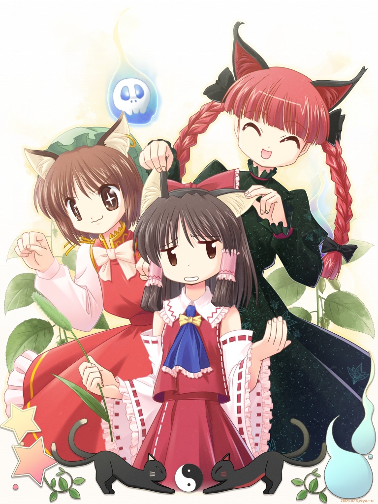 s nyaau, chen, hakurei reimu, kaenbyou rin, touhou, 3girls, animal ears, annoyed, braid, cat ears, cat girl, closed eyes, dress, female focus, ghost, gradient background, hat, multiple girls, plant, ribbon, skirt, twin braids, twintails, white background