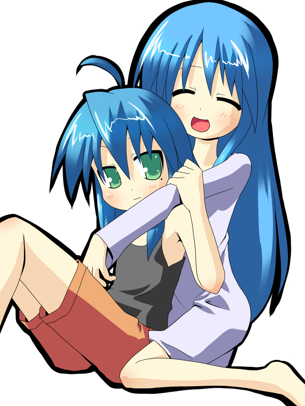 hujikok, izumi kanata, izumi konata, lucky star, 00s, 2girls, age difference, ahoge, alternate universe, barefoot, blue hair, casual, green eyes, happy, long hair, mole, mole under eye, mother and daughter, multiple girls