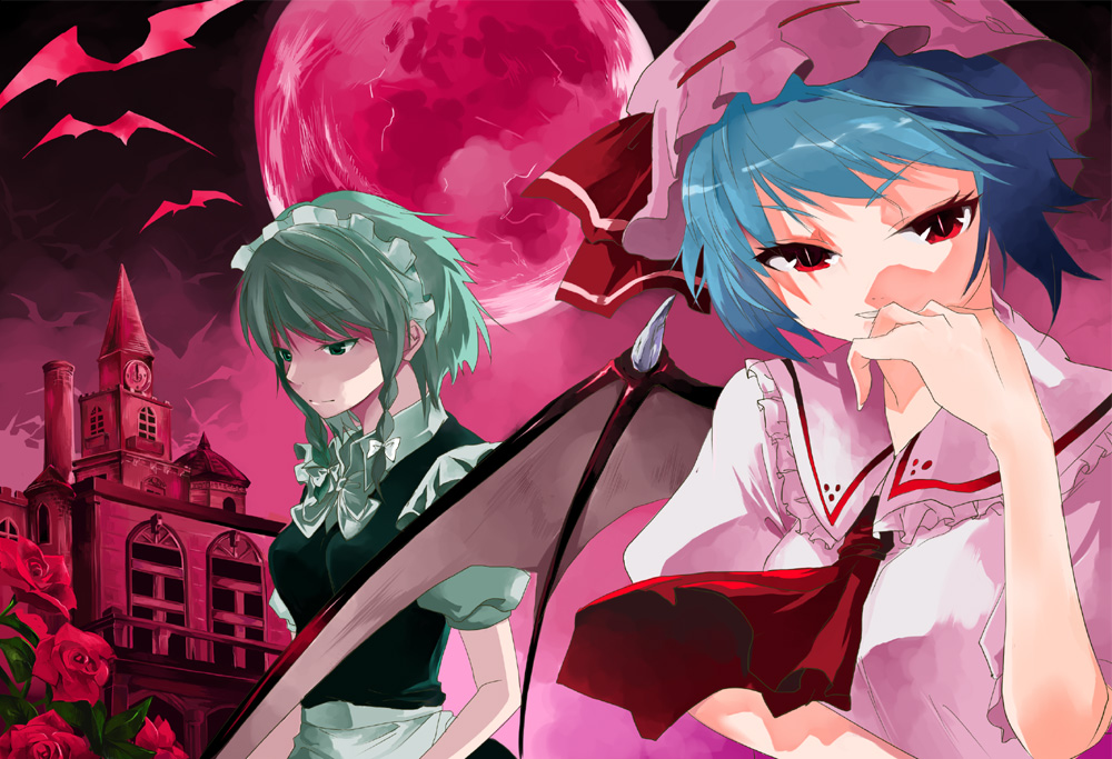 katayama kei, izayoi sakuya, remilia scarlet, touhou, silver hair, 2girls, ascot, bat (animal), bat wings, blue eyes, blue hair, bonnet, bow, braid, castle, clock, female focus, flower, full moon, green eyes, hair ribbon, hat, maid, moon, multiple girls, night, red eyes, red moon, ribbon, rose, scarlet devil mansion, short hair, slit pupils, smile, twin braids, vampire, wings