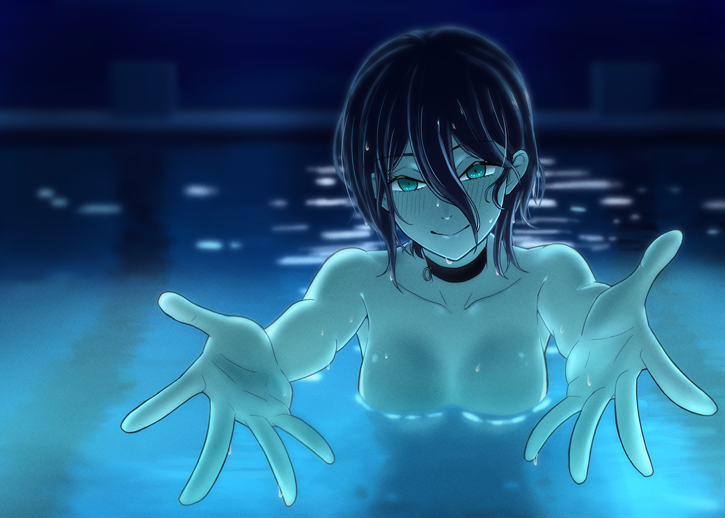 leon no neko, reze (chainsaw man), chainsaw man, commentary request, 1girl, black choker, black hair, breasts, choker, closed mouth, green eyes, grenade pin, hair between eyes, medium breasts, nude, outstretched arms, partially submerged, pool, smile, solo, water, wet, wet hair