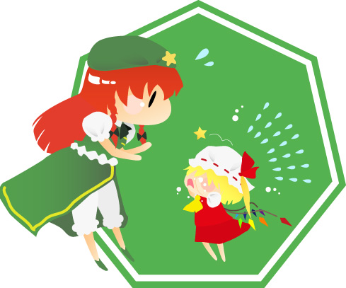 no kizoku, flandre scarlet, hong meiling, embodiment of scarlet devil, touhou, lowres, 2girls, blonde hair, bloomers, bow, braid, chibi, china dress, chinese clothes, dress, female focus, flat color, hair ribbon, hat, hat ribbon, heptagon, mob cap, multiple girls, red hair, ribbon, side ponytail, tears, twin braids, underwear, white background, white bloomers, wings
