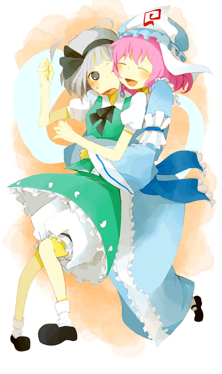 kinari, konpaku youmu, konpaku youmu (ghost), saigyouji yuyuko, touhou, bad id, bad pixiv id, highres, 2girls, female focus, hat, hitodama, hug, multiple girls