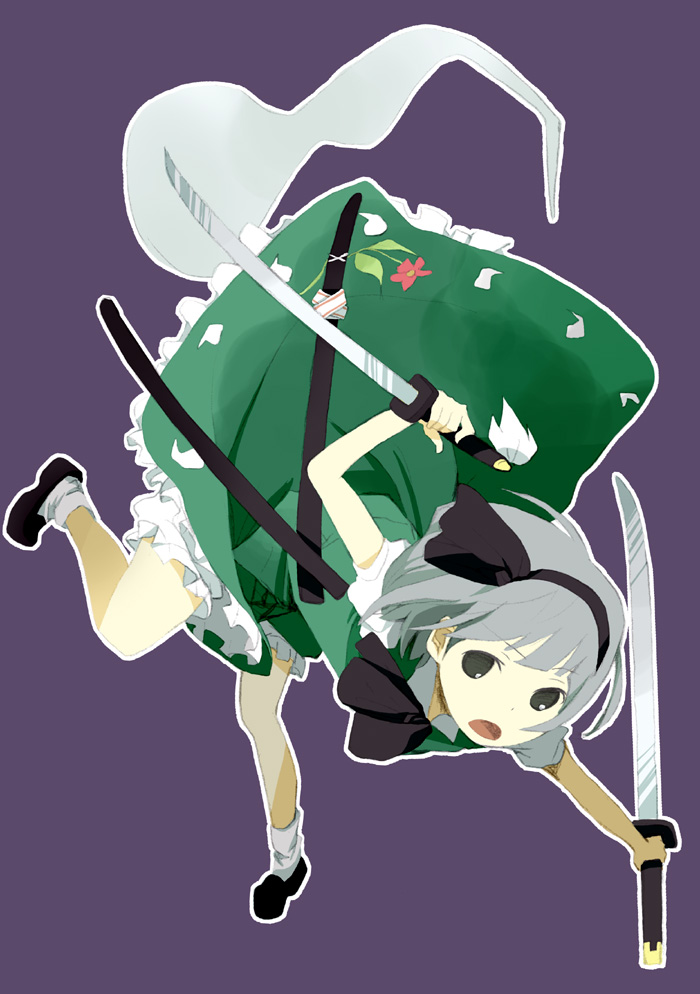 kinari, konpaku youmu, konpaku youmu (ghost), touhou, silver hair, bad id, bad pixiv id, 1girl, bloomers, bow, dual wielding, female focus, flower, ghost, grey eyes, hair ribbon, hairband, hitodama, holding, katana, ribbon, socks, solo, sword, tanto, underwear, weapon
