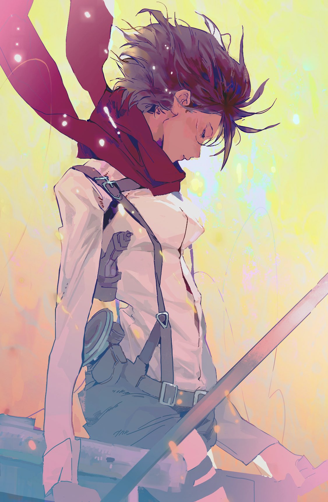mikasa ackerman, shingeki no kyojin, hashtag-only commentary, highres, 1girl, black hair, breasts, chaerenlover, cowboy shot, dual wielding, facial scar, half-closed eyes, harness, holding, holding sword, holding weapon, long sleeves, medium breasts, pants, parted lips, red scarf, scar, scar on cheek, scar on face, scarf, shirt, short hair, solo, sword, three-dimensional maneuver gear, weapon, white pants, white shirt