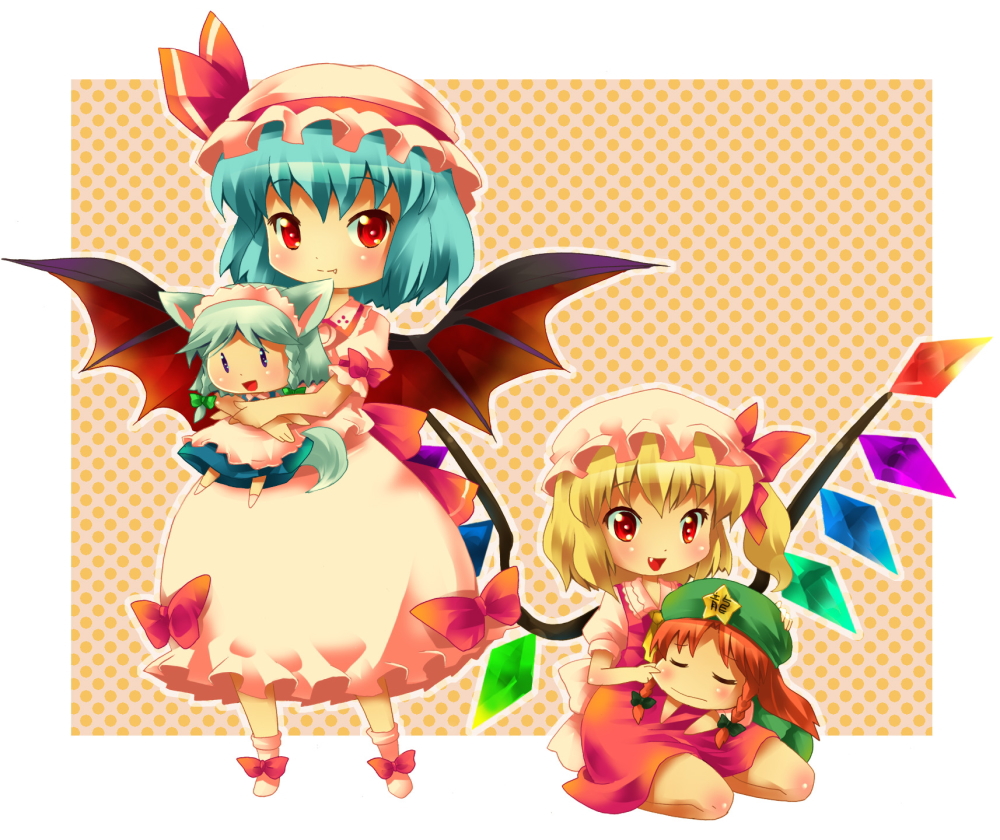 michii yuuki, flandre scarlet, hong meiling, inu sakuya (nejikirio), izayoi sakuya, remilia scarlet, embodiment of scarlet devil, touhou, bad id, bad pixiv id, 4girls, animal ears, bat wings, bonnet, bow, braid, chibi, dog ears, dog tail, dress, fang, female focus, hair ribbon, hat, hat ribbon, kemonomimi mode, long hair, maid, mob cap, multiple girls, red eyes, ribbon, short hair, side ponytail, tail, twin braids, wings