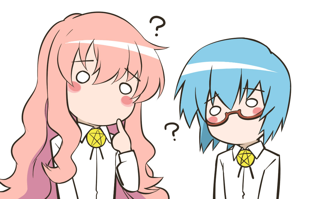 youkan, louise francoise le blanc de la valliere, tabitha (zero no tsukaima), zero no tsukaima, bad id, bad pixiv id, 00s, 2girls, ?, blue hair, blush, chibi, glasses, long hair, multiple girls, no mouth, no nose, o o, pentacle, pink hair, school uniform, serafuku, short hair, white background