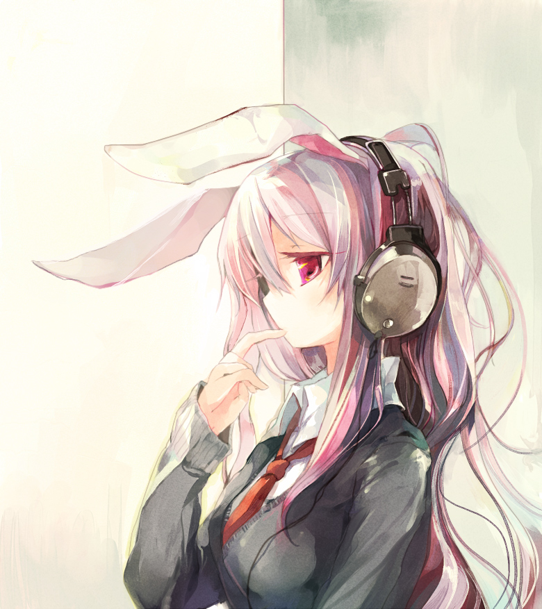azuma seiji, yudesoba, reisen udongein inaba, touhou, light purple hair, bad id, bad pixiv id, 1girl, animal ears, blouse, female focus, finger to mouth, food, headphones, long hair, necktie, noodles, pink eyes, purple hair, rabbit ears, red necktie, shirt, soba, solo, very long hair, vest