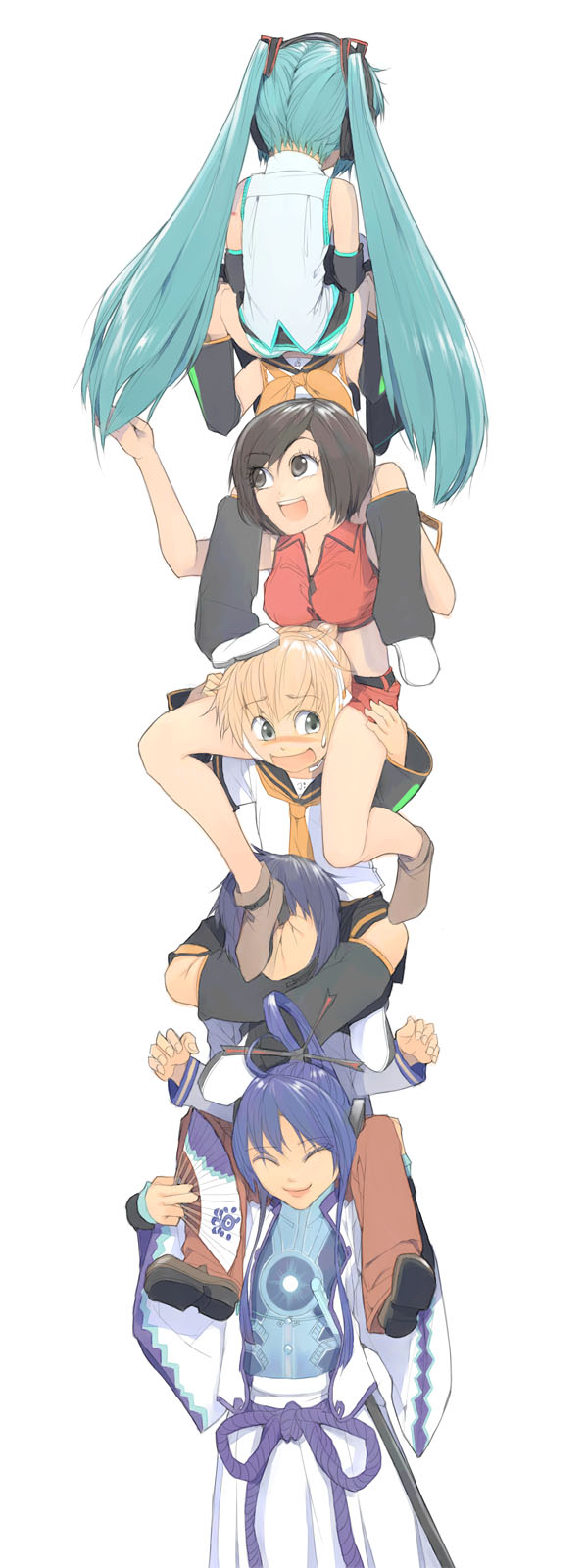 akinbo (hyouka fuyou), hatsune miku, kagamine len, kagamine rin, kaito (vocaloid), kamui gakupo, meiko (vocaloid), vocaloid, highres, long image, tall image, 3boys, 3girls, between thighs, brother and sister, carrying, hand fan, human tower, japanese clothes, multiple boys, multiple girls, panties, piggyback, shoulder carry, siblings, socks, stacking, striped clothes, striped panties, sword, thighs, twins, twintails, underwear, weapon, yuri
