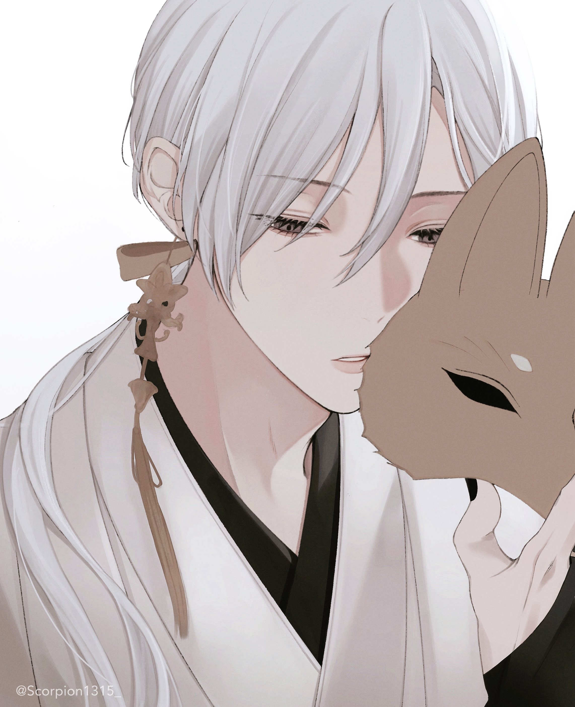 ririco (scorpion1315 ), fox mask (silent hill), silent hill (series), silent hill f, absurdres, highres, 1boy, black nails, bridal gauntlets, earrings, fox mask, grey eyes, hair between eyes, hair over shoulder, hair ribbon, half-closed eyes, japanese clothes, jewelry, long hair, low ponytail, male focus, mask, nail polish, parted lips, ponytail, removing mask, ribbon, robe, single earring, solo, tassel, tassel earrings, twitter username, upper body, white background, white hair, white robe