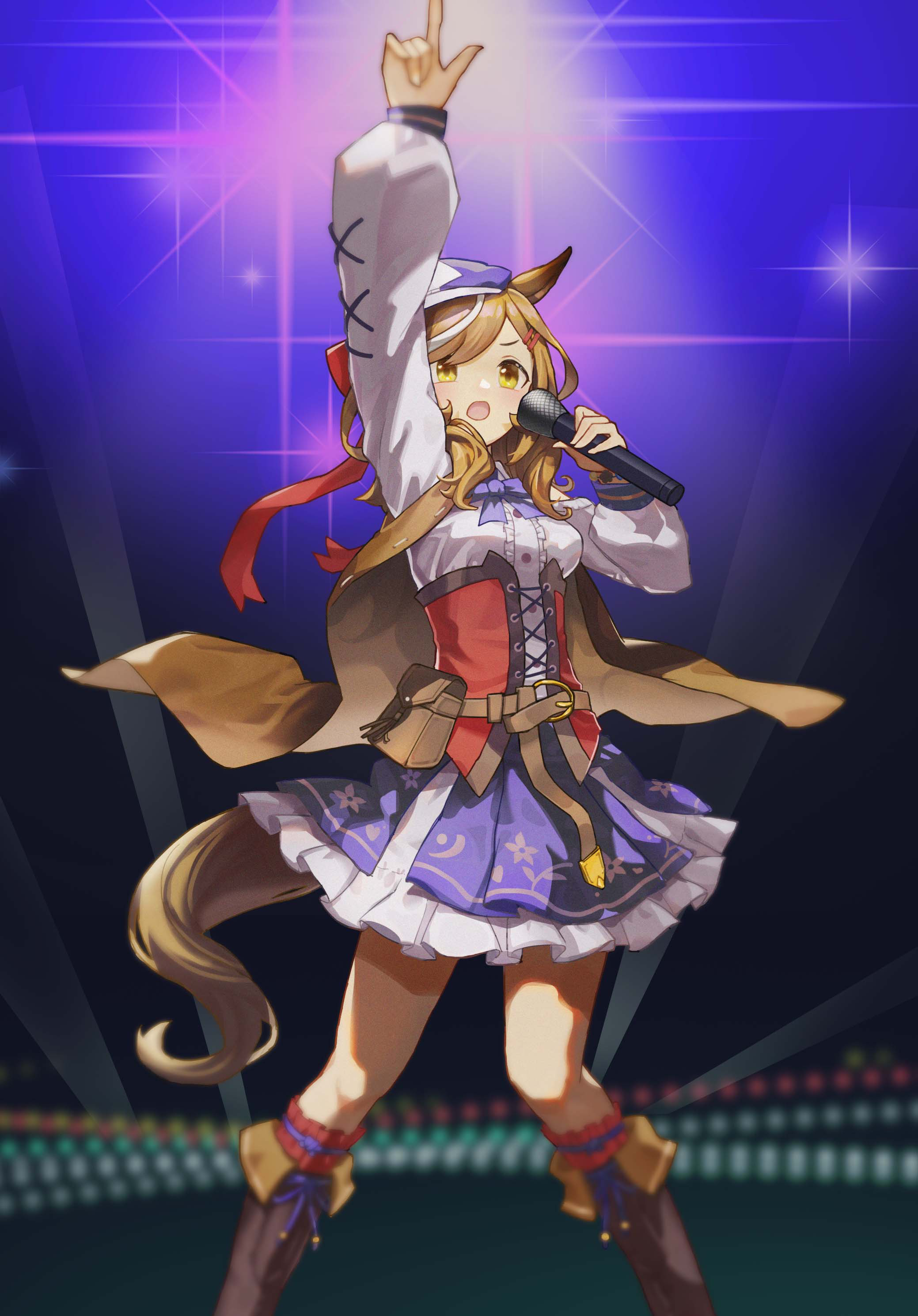 matikanetannhauser (panpaka tiltott) (umamusume), matikanetannhauser (umamusume), umamusume, absurdres, commentary request, highres, partial commentary, 1girl, animal ears, belt bag, blush, bow, breasts, brown hair, ear covers, ear ornament, ears through headwear, hair ornament, hairclip, hat, horse ears, horse girl, horse tail, ioza 3, looking at viewer, medium breasts, medium hair, microphone, multicolored hair, newsboy cap, open mouth, solo, streaked hair, tail, tilted headwear, yellow eyes