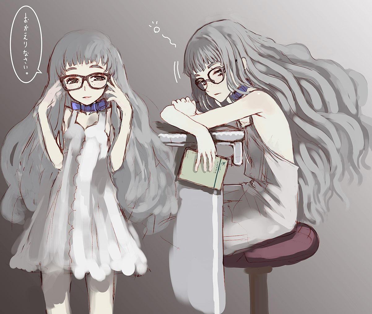 honjou raita, silver hair, bare shoulders, book, collar, dress, freckles, glasses, long hair, naked overalls, overalls, stool