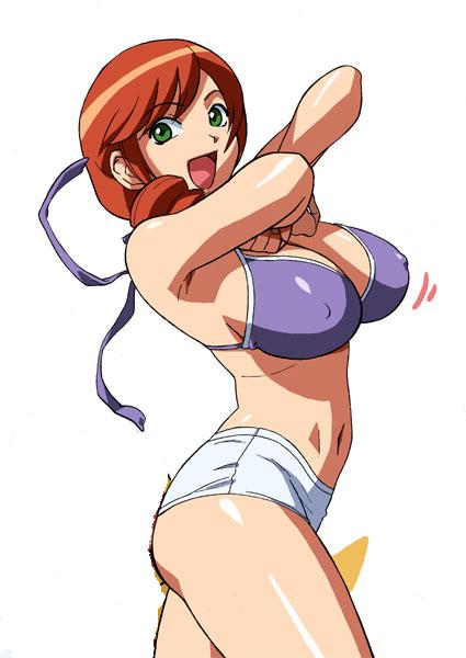 cirima, volvox, daimon sayuri, digimon, digimon savers, duplicate, jpeg artifacts, third-party edit, 1girl, bikini, bikini top only, breasts, cleavage, covered erect nipples, drill hair, female focus, green eyes, large breasts, mature female, navel, orange hair, purple bikini, red hair, short shorts, shorts, side ponytail, solo, swimsuit