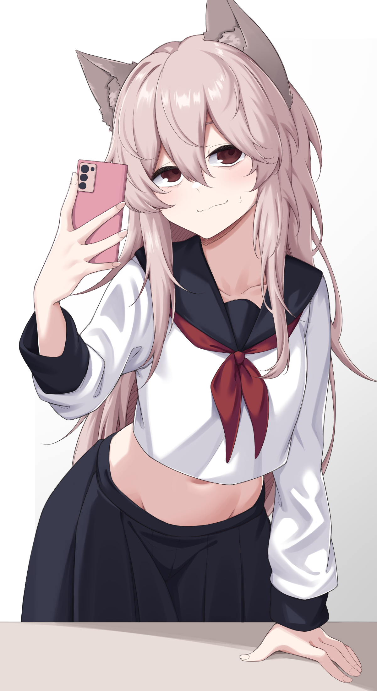 act (xadachit), persica (girls' frontline), girls' frontline, commentary, highres, 1girl, alternate costume, animal ears, arm support, black sailor collar, black skirt, blush, brown eyes, cat ears, cellphone, closed mouth, collarbone, crop top, dated commentary, fake animal ears, hair between eyes, holding, holding phone, long hair, looking at viewer, midriff, navel, neckerchief, phone, pink hair, pleated skirt, red neckerchief, sailor collar, school uniform, selfie, serafuku, shirt, simple background, skirt, smartphone, solo, sweatdrop, wavy mouth, white background, white shirt