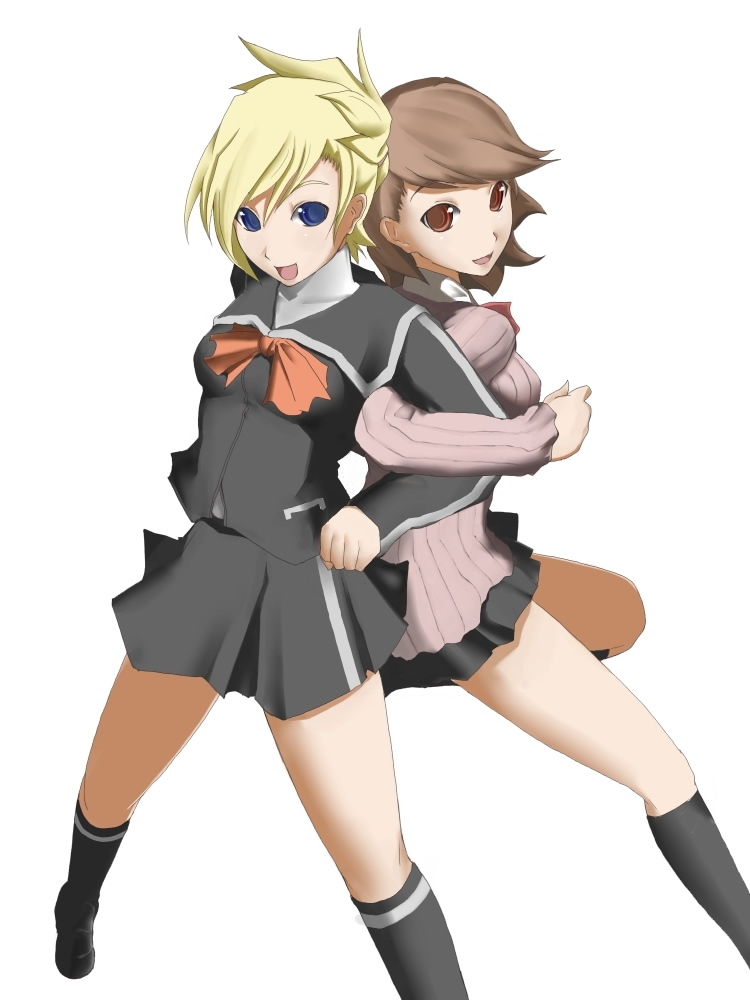 chemical-x, lisa silverman, takeba yukari, atlus, persona, persona 2, persona 2 tsumi, persona 3, bad id, bad pixiv id, 2girls, arm clutch, back-to-back, black socks, blonde hair, blue eyes, brown eyes, brown hair, crossover, locked arms, miniskirt, multiple girls, school uniform, serafuku, short hair, skirt, smile, socks, tarot, the lovers (tarot)