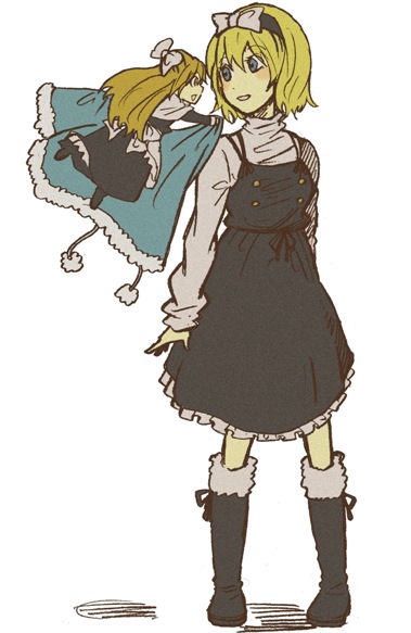 charin, alice margatroid, kirisame marisa, shanghai doll, touhou, bad id, bad pixiv id, 2girls, blonde hair, blue eyes, boots, bow, cosplay, doll, dress, female focus, flat color, full body, hair bow, hair ribbon, hairband, kirisame marisa (cosplay), multiple girls, ribbon, short hair, simple background, white background