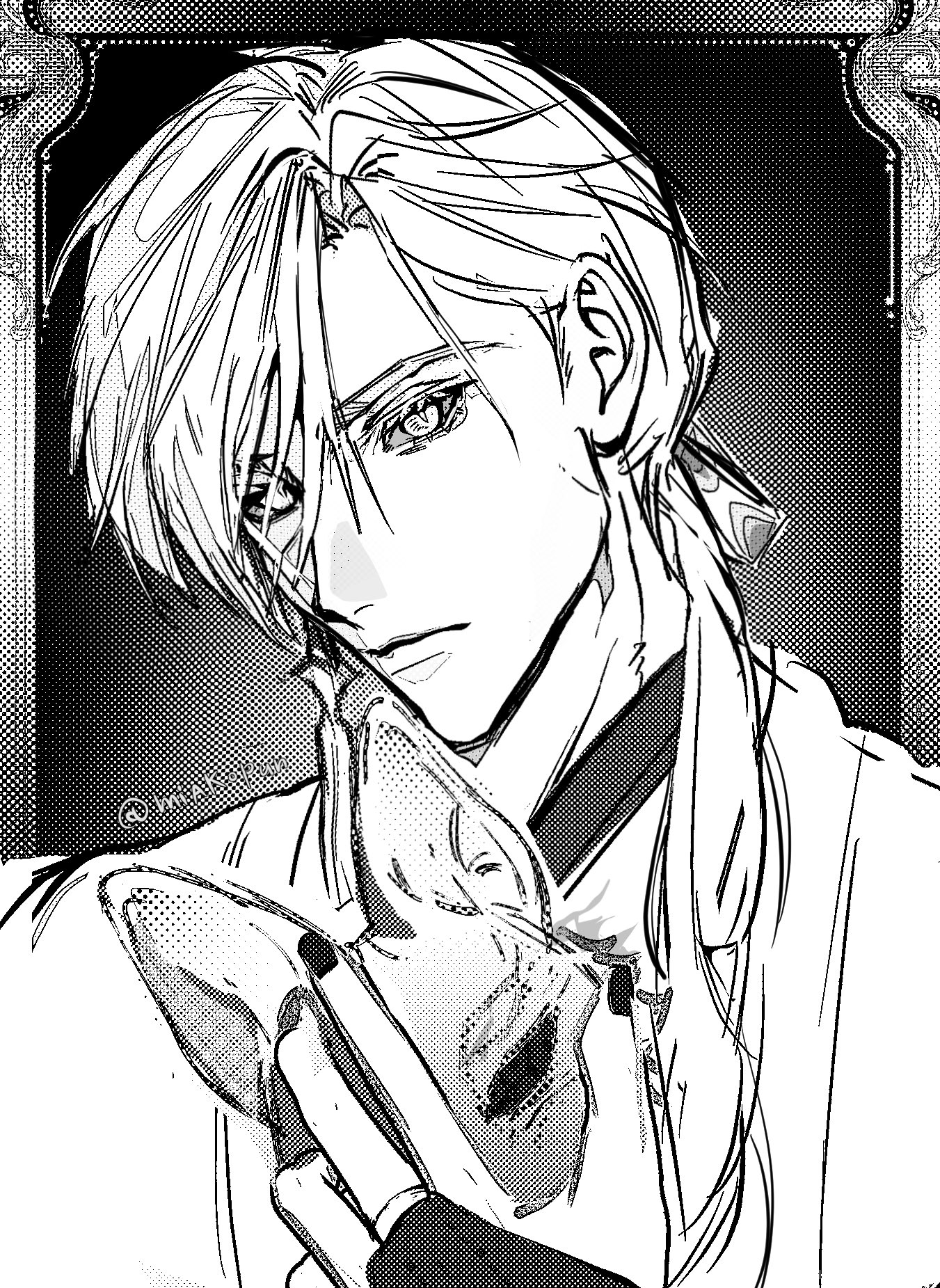 fox mask (silent hill), silent hill (series), silent hill f, highres, 1boy, black nails, bridal gauntlets, closed mouth, earrings, fox mask, greyscale, hair between eyes, hair over shoulder, holding, holding mask, japan, jewelry, long hair, looking at viewer, low ponytail, male focus, mask, miakopun, monochrome, nail polish, ponytail, removing mask, robe, single earring, sketch, slit pupils, solo, tassel, tassel earrings, twitter username, upper body, white hair, white robe