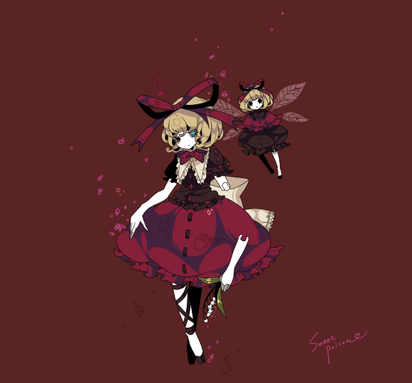 shikimi (yurakuru), medicine melancholy, su-san, touhou, bad id, bad pixiv id, 1girl, aqua eyes, blonde hair, bow, doll, doll joints, dress, female focus, flower, hair ribbon, joints, ribbon, short hair, solo, wings