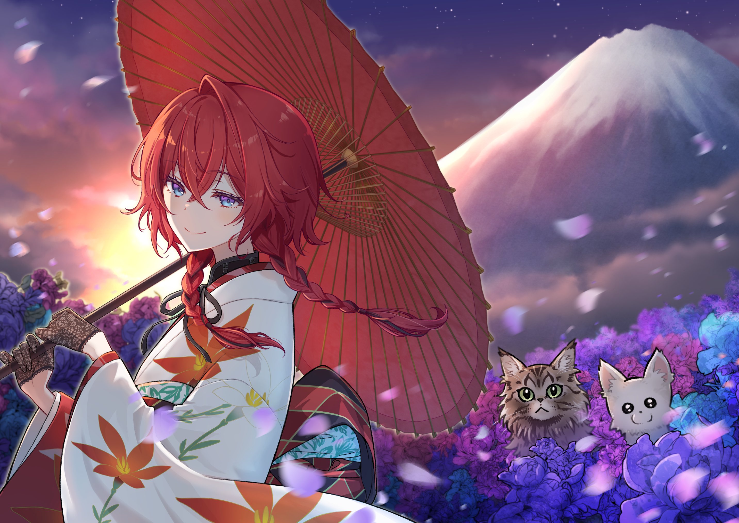 inumoto, ange katrina, ange katrina (new year), nijisanji, commentary request, highres, 1girl, black gloves, blue eyes, blush, braid, brown cat, brown hair, cat, closed mouth, cloud, crossed bangs, dog, eyelashes, falling petals, field, flat chest, floral print, floral print kimono, flower, flower field, from side, gloves, gradient eyes, hair between eyes, half gloves, hands up, holding, holding umbrella, japanese clothes, kimono, lace, lace gloves, long bangs, long hair, long sleeves, looking at viewer, low twin braids, motion blur, mountain, multicolored eyes, multicolored hair, oil-paper umbrella, outdoors, petals, print kimono, purple eyes, purple flower, purple petals, red hair, red umbrella, see-through clothes, see-through gloves, single hair intake, smile, solo, split mouth, star (sky), streaked hair, sun behind head, sunset, turning head, twin braids, two-tone hair, umbrella, upper body, virtual youtuber, white dog, white kimono, wind