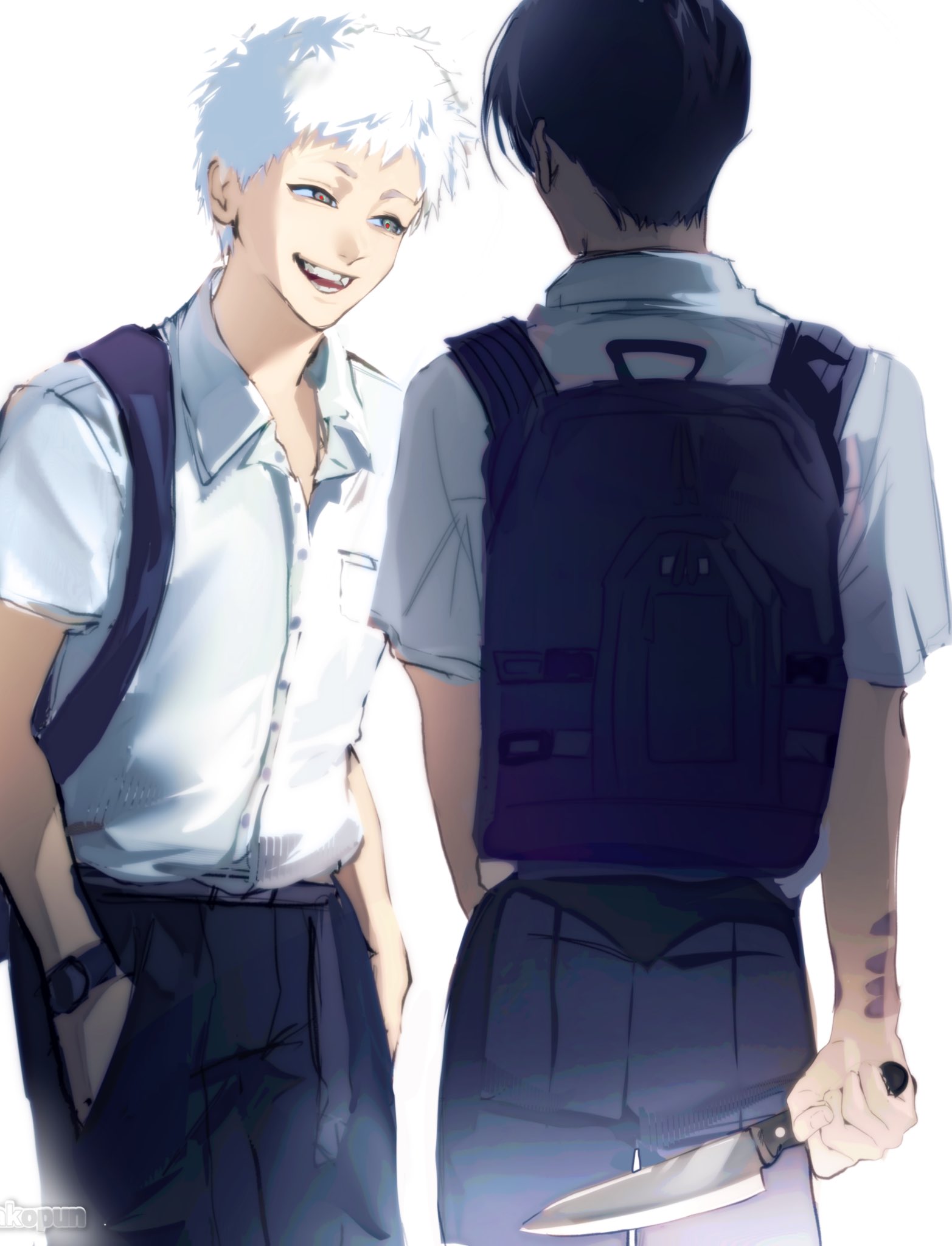 indou hikaru, tsujinaka yoshiki, hikaru ga shinda natsu, highres, 2boys, arm markings, backpack, bag, black hair, black pants, collared shirt, cowboy shot, grey eyes, half-closed eyes, hand in pocket, holding, holding knife, knife, looking at another, male focus, miakopun, multiple boys, open mouth, pants, shirt, short hair, smile, watch, white background, white hair, white shirt, wristwatch