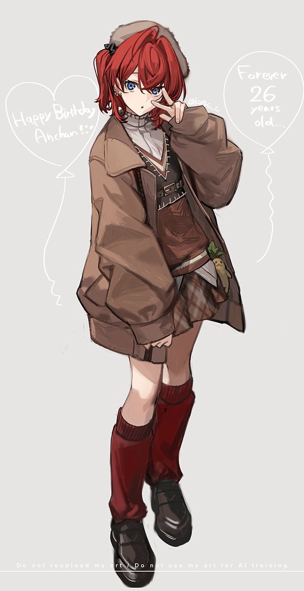 kawaguchi (mojacome), mandragora (ange katrina), nijisanji, commentary request, highres, 1girl, :o, alternate costume, balloon, belt, black belt, black scrunchie, black shoes, black vest, blue eyes, brown coat, brown hat, brown sweater, character charm, character name, charm (object), coat, crossed bangs, earrings, english text, flat chest, full body, fur hat, gold earrings, gradient eyes, grey background, hair between eyes, hair intakes, hand up, happy birthday, hat, jewelry, kneehighs, loafers, looking at viewer, loose socks, medium hair, miniskirt, multicolored eyes, open clothes, open coat, plaid clothes, plaid skirt, purple eyes, red socks, ring, scrunchie, shirt, shirt under sweater, shoes, side ponytail, simple background, skirt, sleeves past wrists, socks, solo, standing, sweater, triangle earrings, twitter username, v, vest, virtual youtuber, white shirt