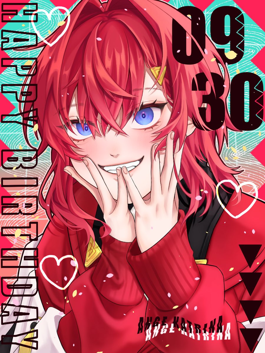 ume aji, ange katrina, ange katrina (1st costume), nijisanji, commentary request, highres, 1girl, aqua background, blue eyes, blue pupils, blush, cardigan, character name, crossed bangs, dated, english text, eyelashes, gradient background, grin, hair between eyes, hair intakes, hair ornament, hands on own face, hands up, happy birthday, heart, lips, looking at viewer, medium hair, pink background, red cardigan, red hair, sleeves past wrists, smile, solo, triangle, triangle hair ornament, upper body, virtual youtuber
