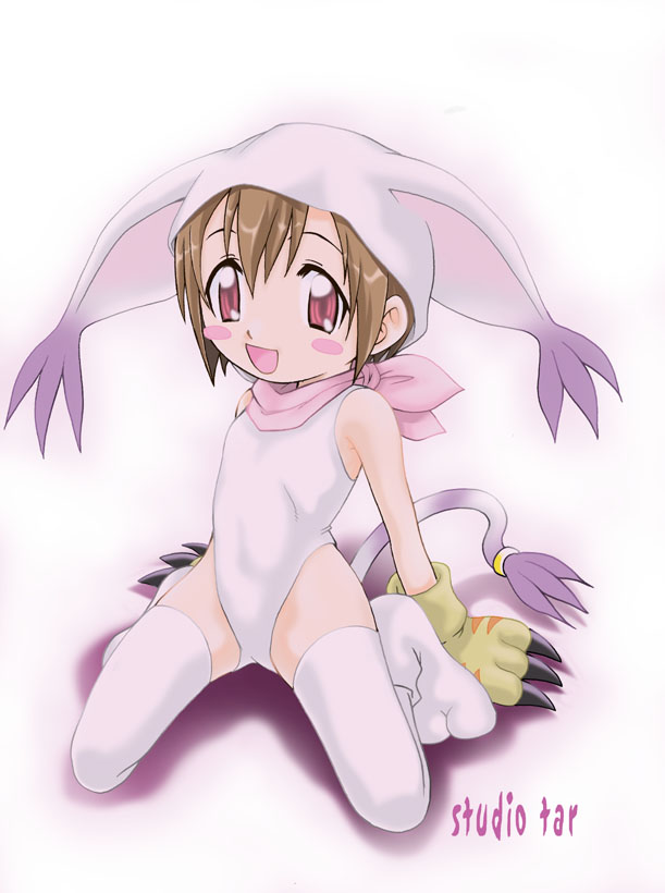 studio tar, tailmon, yagami hikari, digimon, digimon adventure, 1girl, aged down, animal hands, animal hat, blush, brown eyes, brown hair, cat hat, cat tail, child, claws, cosplay, fake tail, female focus, flat chest, gloves, hat, leotard, looking at viewer, open mouth, paw gloves, paw shoes, pink scarf, scarf, shoes, short hair, sitting, smile, solo, tail, tail ornament, tail ring, tailmon (cosplay), thighhighs, white background, white hat, white leotard, white shoes, white thighhighs, yellow gloves