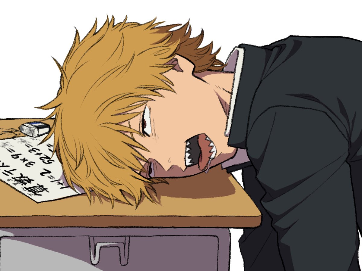denji (chainsaw man), chainsaw man, 1boy, black jacket, brown eyes, desk, eraser, gakuran, head down, jacket, kurokurobin, male focus, math, open mouth, orange hair, saliva, school desk, school uniform, sharp teeth, solo, teeth, tongue, upper body, white background