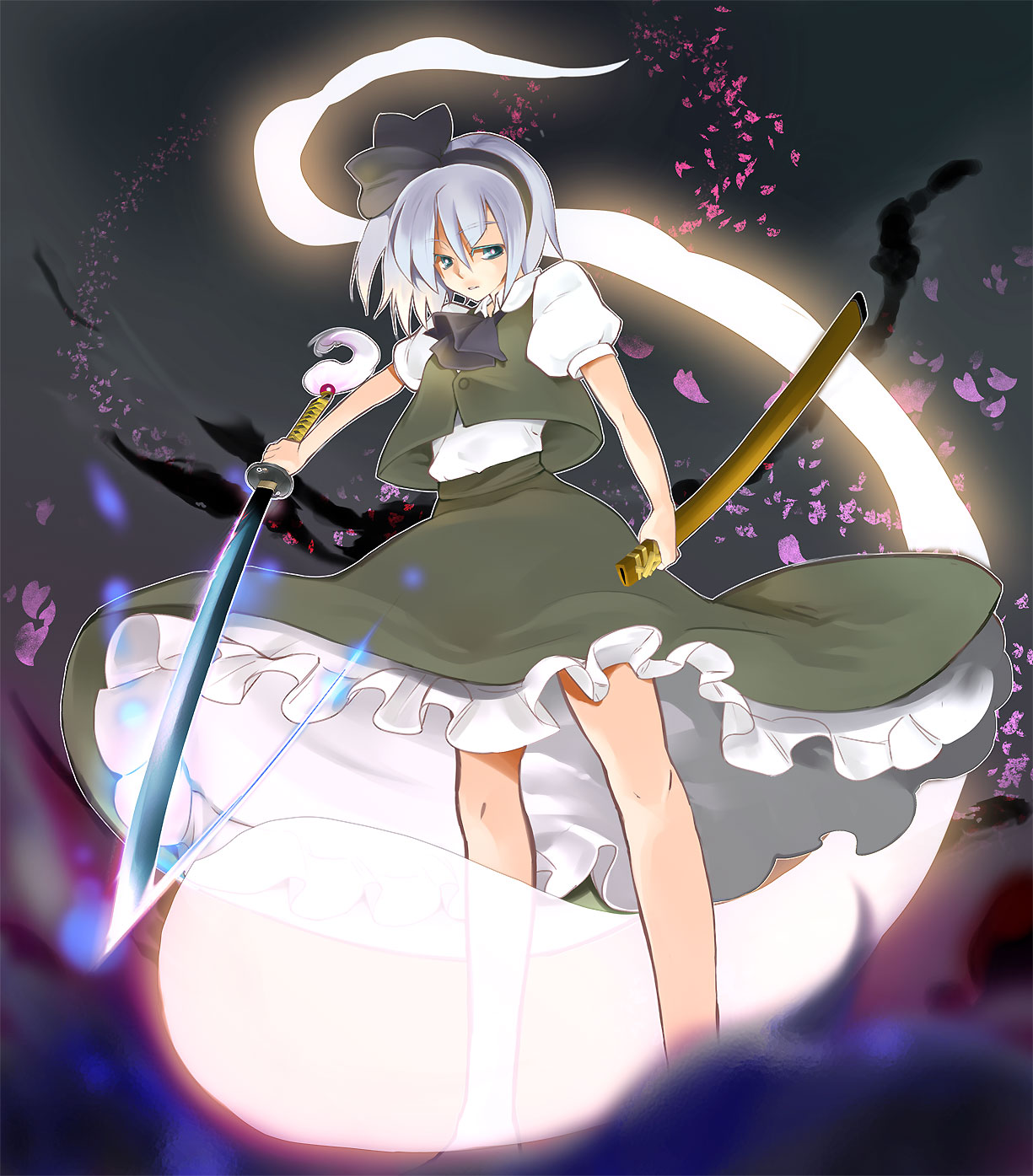 shino satoru, konpaku youmu, konpaku youmu (ghost), touhou, silver hair, highres, 1girl, blue eyes, cherry blossoms, female focus, hairband, hitodama, katana, petals, sheath, short hair, skirt, solo, sword, weapon
