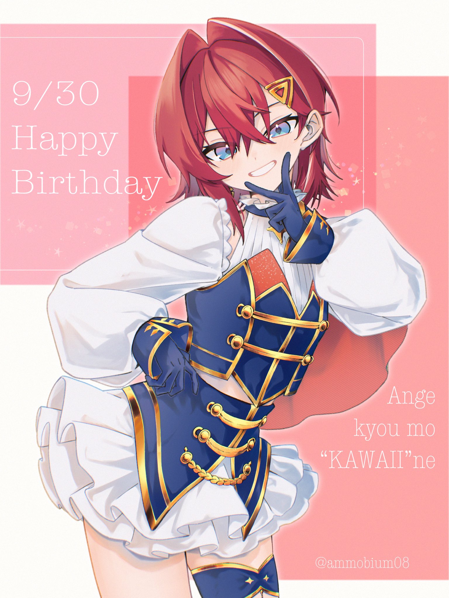 ayuko ammobium, ange katrina, nijisanji, commentary request, highres, 1girl, blue eyes, blue gloves, blue shirt, blue skirt, blush, breasts, character name, clothing cutout, cowboy shot, crossed bangs, dated, earrings, english text, frilled skirt, frills, gloves, gold trim, gradient eyes, grin, hair between eyes, hair intakes, hair ornament, hand up, happy birthday, idol clothes, jewelry, layered skirt, long sleeves, looking at viewer, medium hair, midriff peek, miniskirt, mixed-language text, multicolored eyes, multicolored hair, nijisanji idol uniform, outer glow, pink background, puffy long sleeves, puffy sleeves, purple eyes, red hair, romaji text, shirt, shoulder cutout, single earring, skirt, sleeve cuffs, small breasts, smile, solo, streaked hair, triangle hair ornament, twitter username, two-tone hair, v, v over mouth, virtual youtuber, white hair, white shirt, white skirt