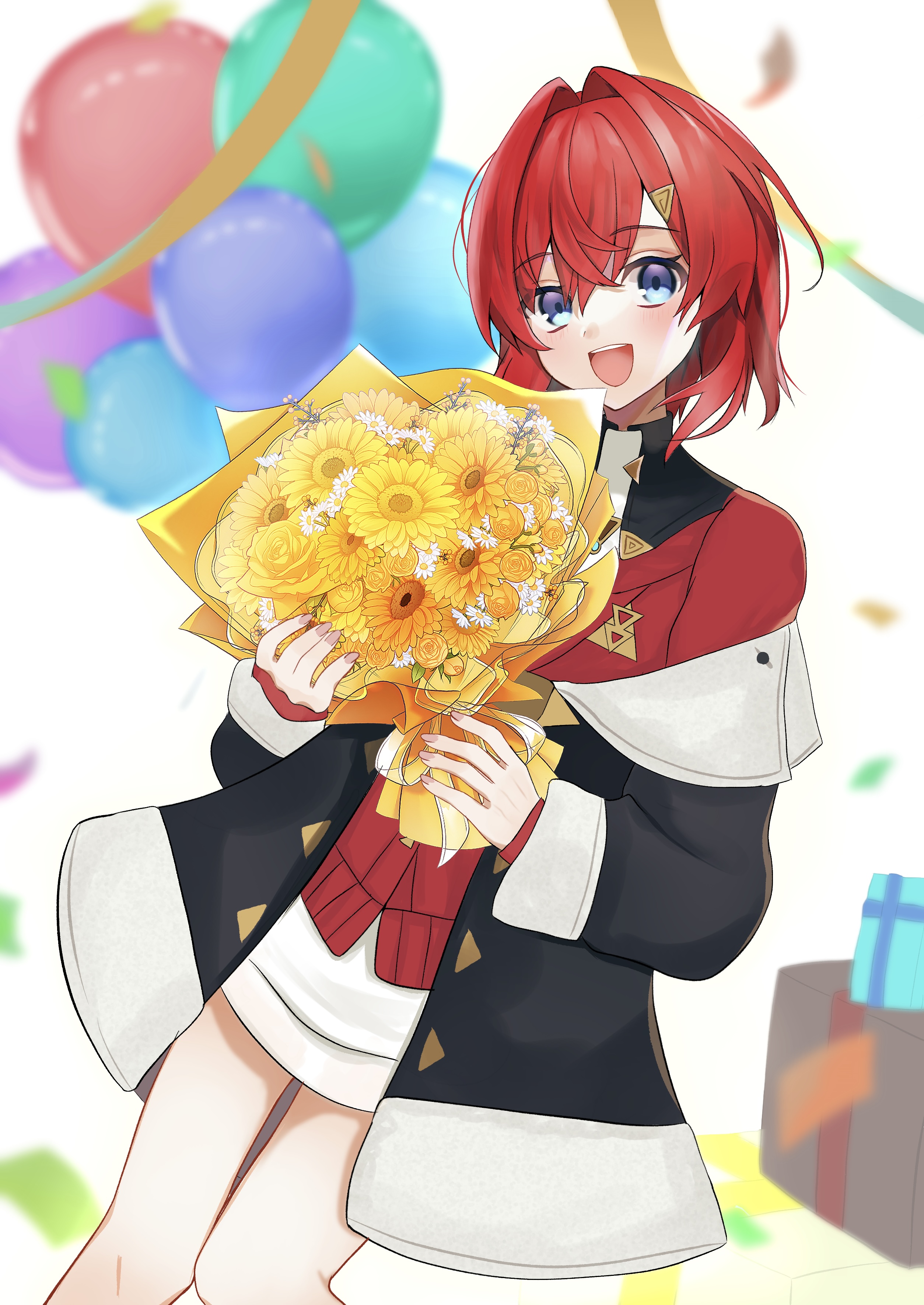 asa 1607, ange katrina, ange katrina (1st costume), nijisanji, absurdres, commentary request, flower request, highres, 1girl, :d, balloon, black coat, blue eyes, blurry, blurry background, blush, bouquet, box, cardigan, coat, collared dress, confetti, cowboy shot, crossed bangs, dress, flower, gift, gift box, gradient eyes, hair between eyes, hair intakes, hair ornament, holding, holding bouquet, looking at viewer, medium hair, multicolored eyes, nail polish, off shoulder, open mouth, pink nails, purple eyes, red cardigan, red hair, short dress, sleeves past wrists, smile, solo, teeth, triangle hair ornament, upper teeth only, virtual youtuber, white background, white dress, yellow flower