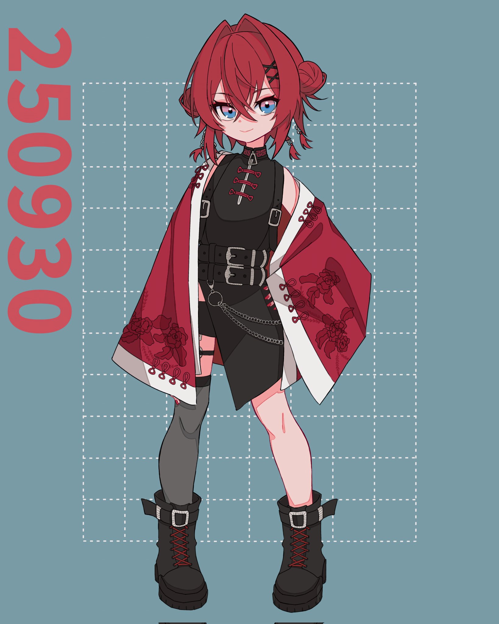 ange katrina, ange katrina (7th costume), nijisanji, commentary request, highres, ankle boots, belt, black belt, black boots, black dress, blue eyes, boots, chain, china dress, chinese clothes, closed mouth, crossed bangs, dated, double bun, dress, grey background, grey thighhighs, grid background, hair between eyes, hair bun, hair intakes, hair ornament, hand on own hip, jacket, lace-up, long bangs, looking at viewer, multicolored eyes, multiple belts, nail polish, open clothes, open jacket, pankou, pink eyes, red hair, red jacket, red nails, short dress, side slit, single thighhigh, sleeveless, sleeveless dress, sleeves past wrists, smile, standing, thighhighs, two-tone eyes, virtual youtuber, x hair ornament, zkonohaz