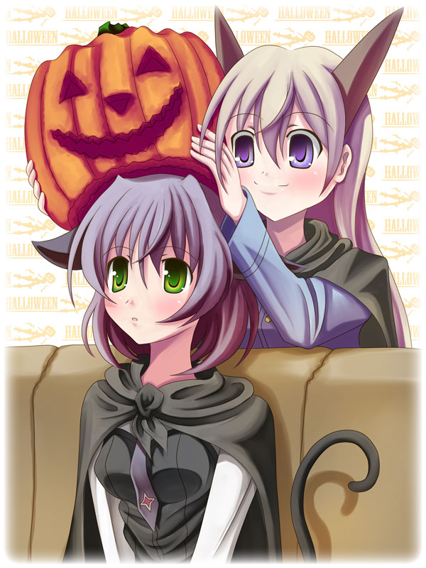 binzume suika, eila ilmatar juutilainen, sanya v. litvyak, strike witches, world witches series, bad id, bad pixiv id, 00s, 2girls, animal ears, blue eyes, green eyes, halloween, jack-o'-lantern, multiple girls, pumpkin, pumpkin hat