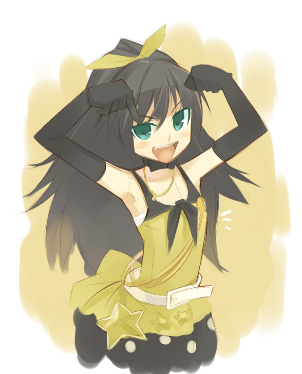 noripachi, 961 production, ganaha hibiki, idolmaster, idolmaster (classic), idolmaster 1, live for venus, 00s, 1girl, armpits, arms up, belt, black hair, elbow gloves, female focus, gloves, green eyes, ponytail, solo, star (symbol)