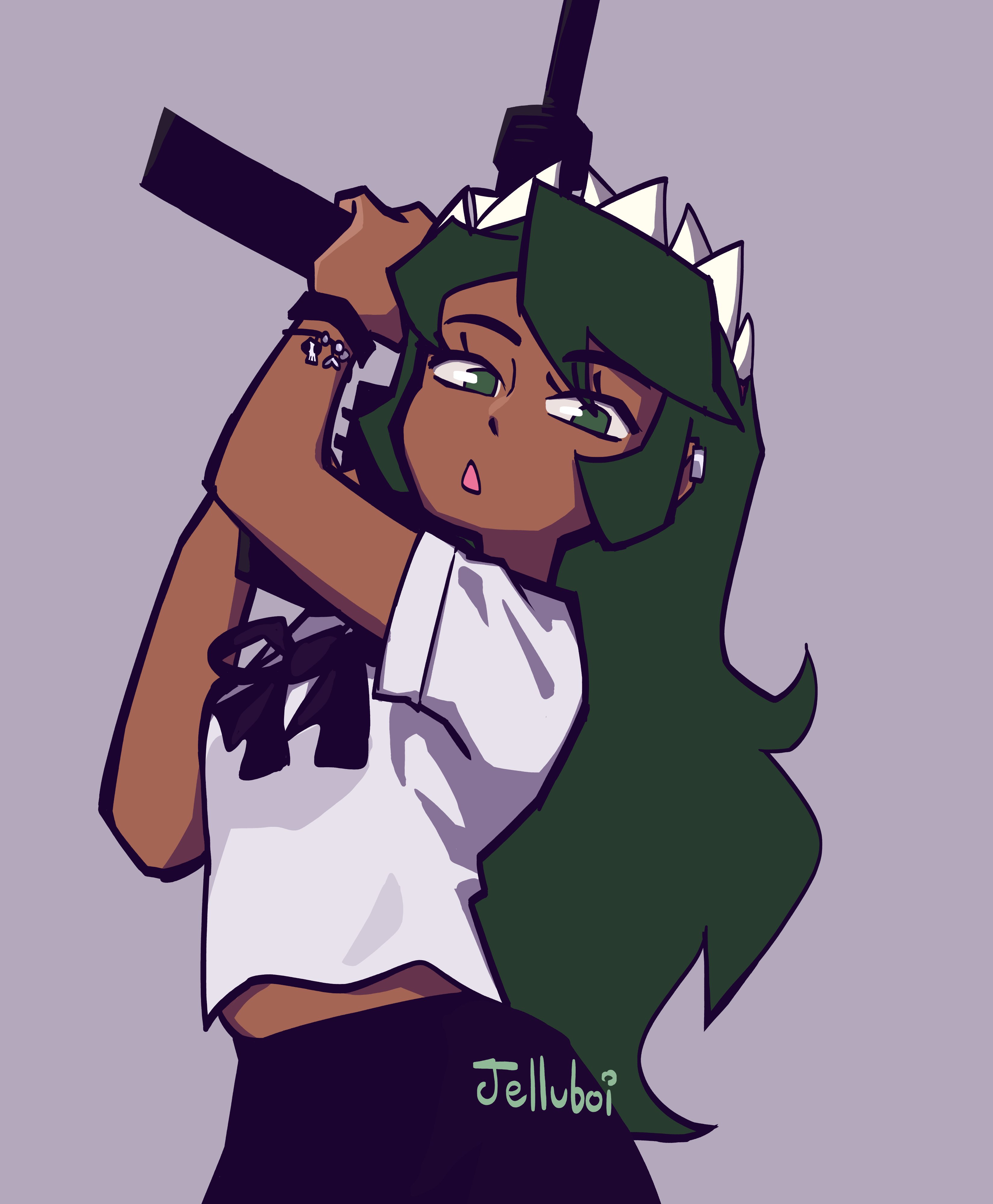 jelluboi, fukua (skullgirls), skullgirls, bad id, bad twitter id, 1girl, alternate costume, bracelet, dark-skinned female, dark skin, green eyes, green hair, gun, holding, holding weapon, jewelry, long hair, looking at viewer, open mouth, purple background, rifle, school uniform, skirt, solo, submachine gun, upper body, weapon