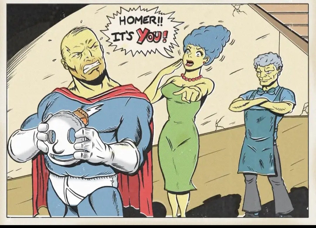 homer simpson, marge simpson, moe szyslak, the simpsons, 1girl, 2boys, bald, blue hair, jewelry, long hair, multiple boys, necklace, pieman, superhero costume
