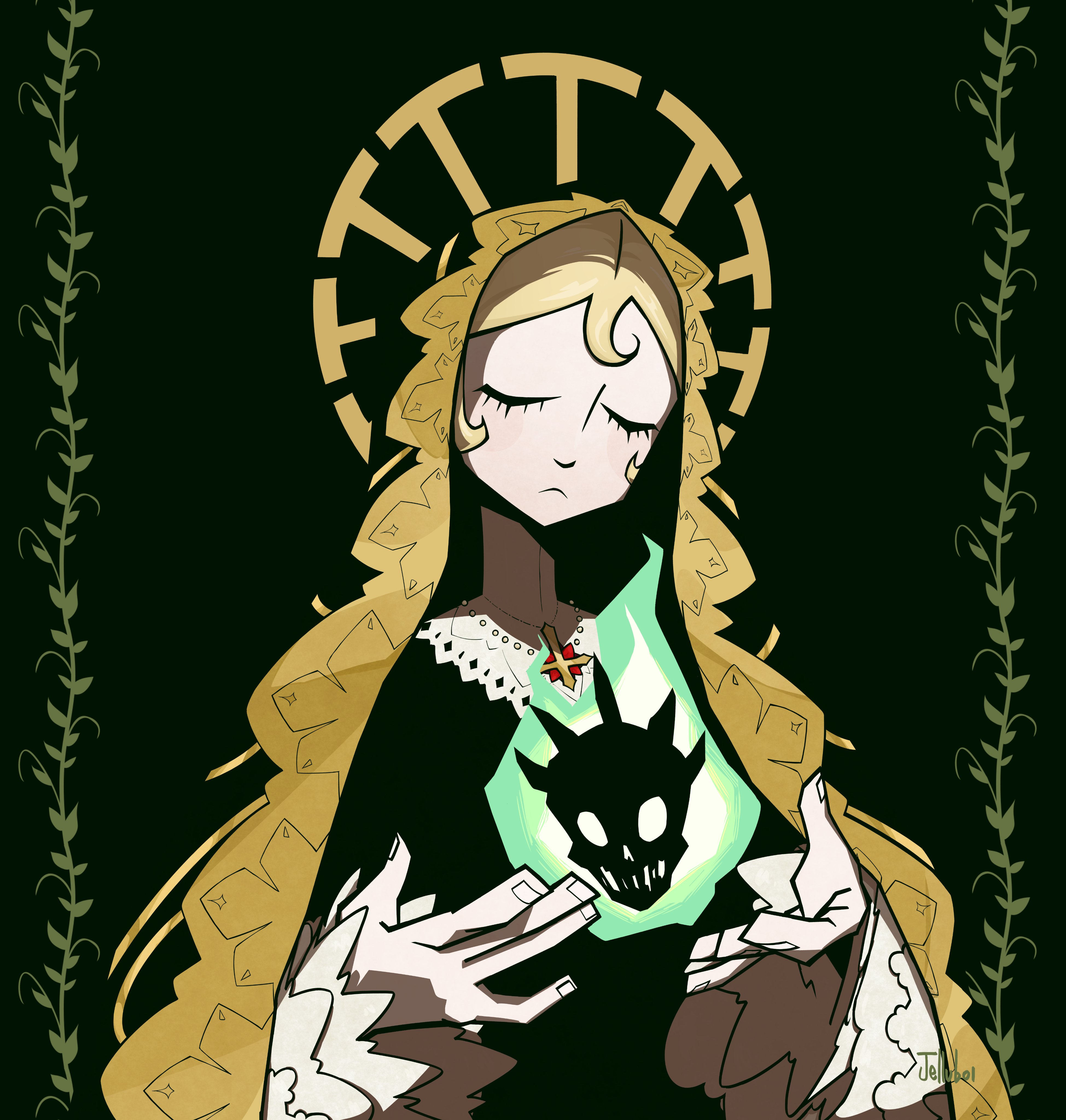 jelluboi, double (skullgirls), skull heart, skullgirls, bad id, bad twitter id, 1girl, alternate costume, black background, blonde hair, closed eyes, cross, cross necklace, halo, halo behind head, hands up, hood, jewelry, necklace, nun, plant, solo, upper body, vines
