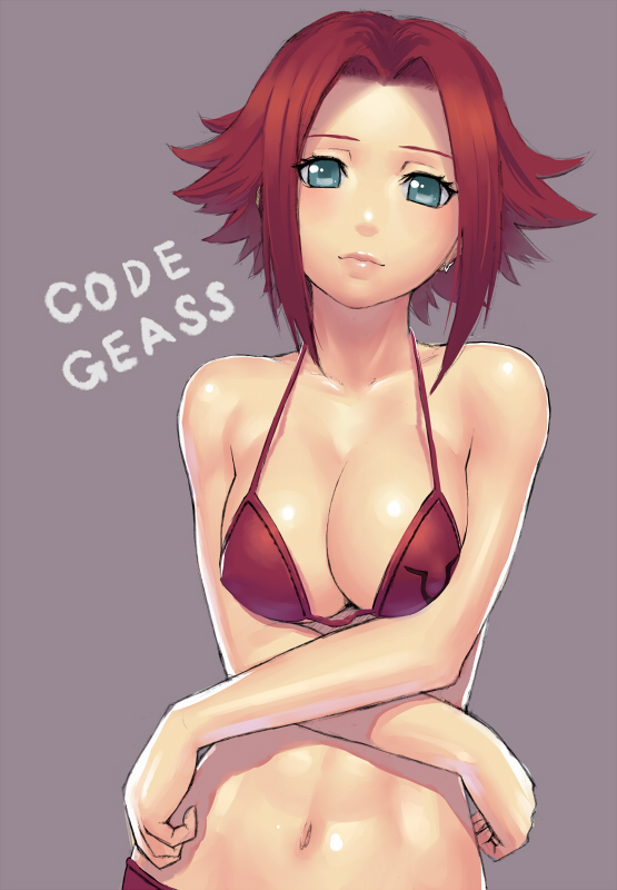 k+, kouzuki kallen, code geass, 00s, 1girl, abs, bare shoulders, bikini, bikini top only, blue eyes, breasts, cleavage, crossed arms, female focus, large breasts, lips, midriff, navel, red bikini, red hair, short hair, solo, swimsuit