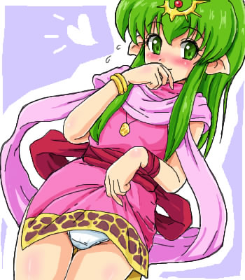 konpeto, tiki (fire emblem), tiki (young) (fire emblem), fire emblem, fire emblem: mystery of the emblem, fire emblem: shadow dragon, nintendo, lowres, 1girl, blush, clothes lift, dress, dress lift, female focus, green eyes, green hair, lifting own clothes, matching hair/eyes, panties, pink dress, pointy ears, smile, solo, underwear, white panties, wristband