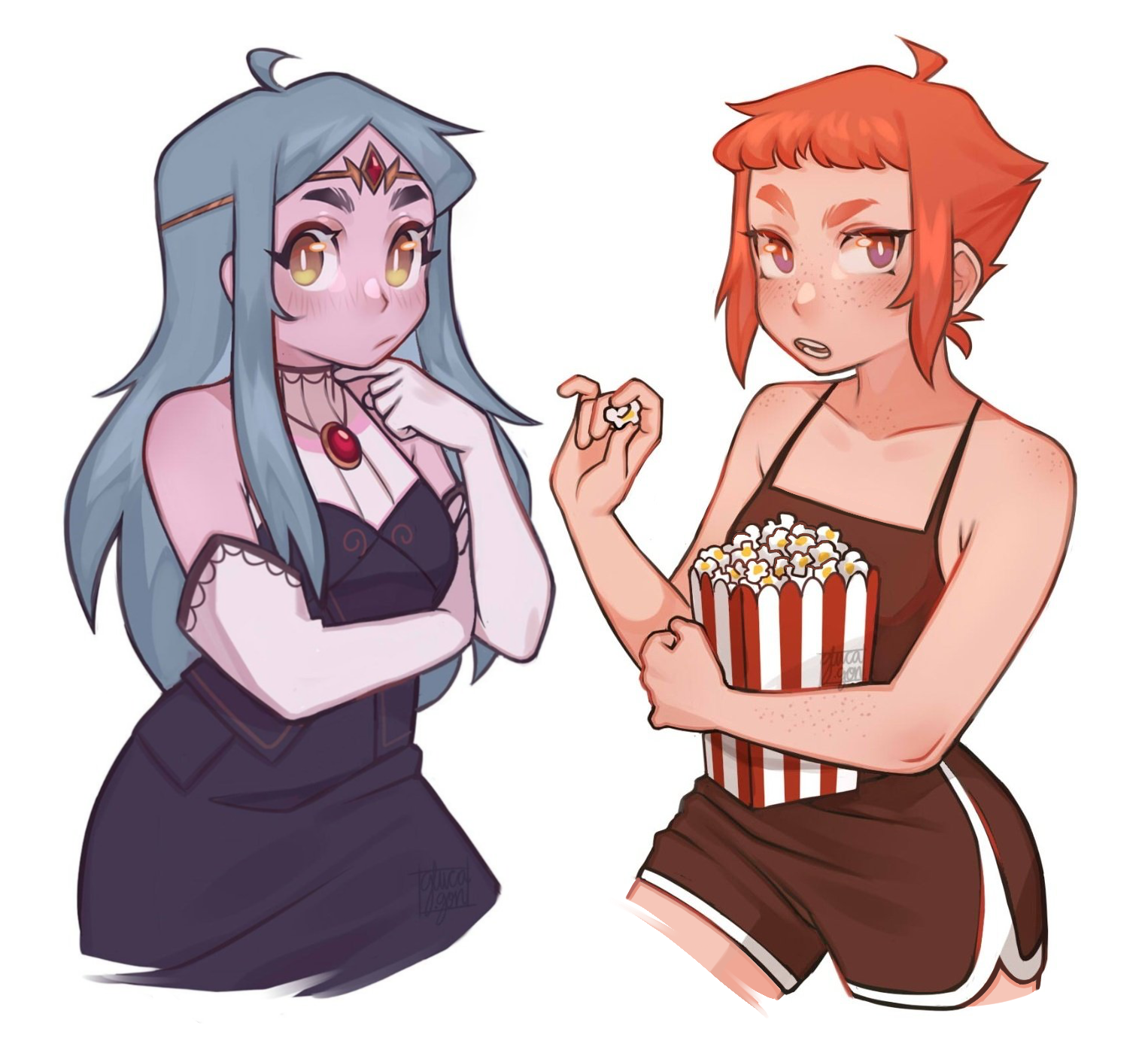 original, art trade, commentary, english commentary, highres, 2girls, :/, arm freckles, black skirt, body freckles, breasts, brown camisole, brown shorts, camisole, circlet, colored skin, dolphin shorts, elbow gloves, food, freckles, gloves, gluca, grey hair, holding, medium breasts, mismatched eyebrows, multiple girls, orange hair, pink skin, popcorn, purple eyes, raised eyebrow, shorts, signature, skirt, small breasts, white gloves, yellow eyes
