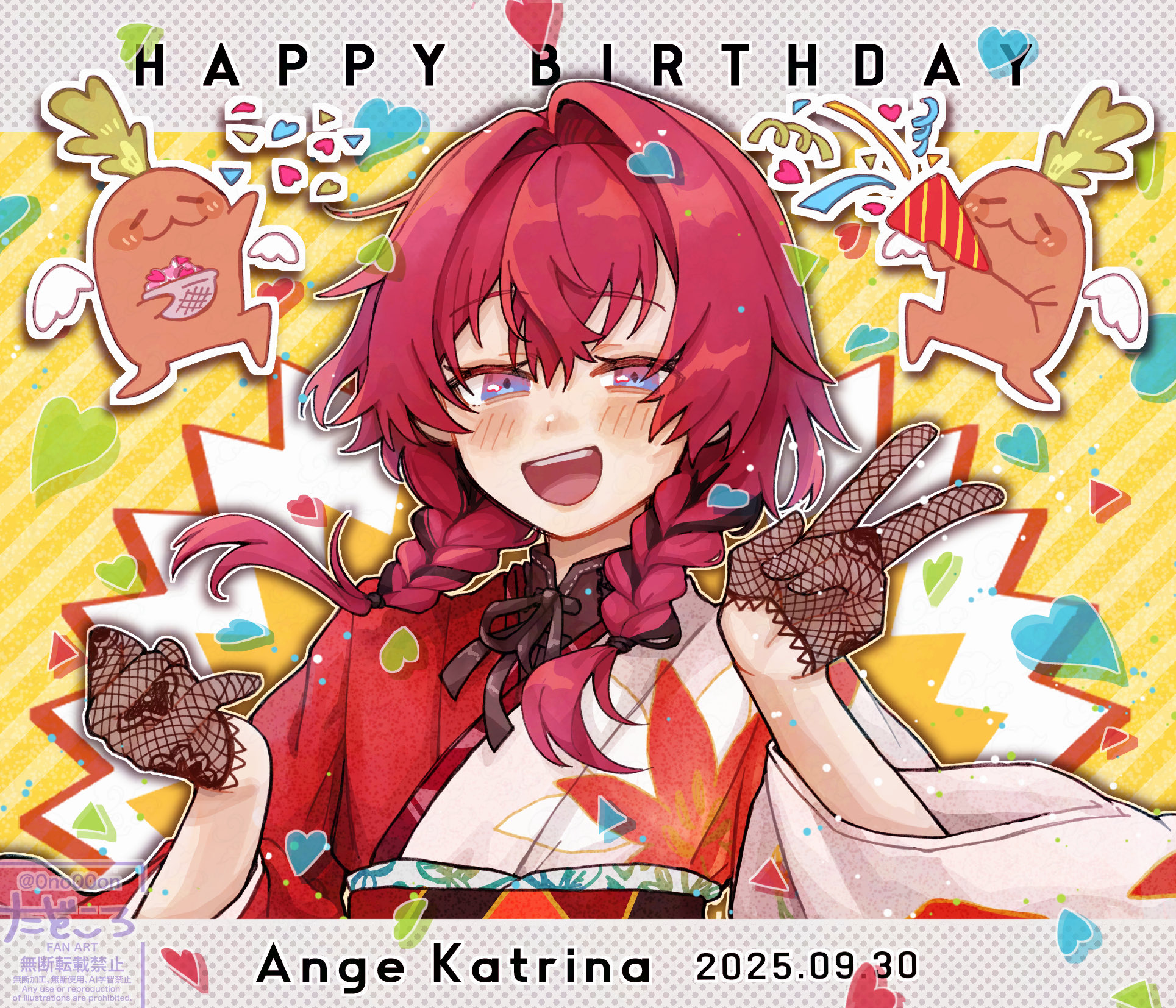 ange katrina, ange katrina (new year), mandragora (ange katrina), nijisanji, commentary, commentary request, english commentary, highres, mixed-language commentary, 0no00on, 1girl, :3, :d, ben-day dots, black gloves, black hair, blue eyes, blush, braid, character name, confetti, dated, english text, floral print, floral print gloves, floral print kimono, gloves, hair between eyes, hair intakes, hair over shoulder, hands up, happy birthday, heart, holding, holding party popper, japanese clothes, kimono, lace, lace gloves, long hair, looking at viewer, low twin braids, mandragora, multicolored eyes, multicolored hair, open mouth, party popper, print kimono, purple eyes, red hair, red kimono, screentones, see-through clothes, see-through gloves, smile, streaked hair, striped background, teeth, throwing, throwing confetti, twin braids, two-tone eyes, two-tone hair, two-tone kimono, upper body, upper teeth only, v, virtual youtuber, watermark, white kimono, yellow background
