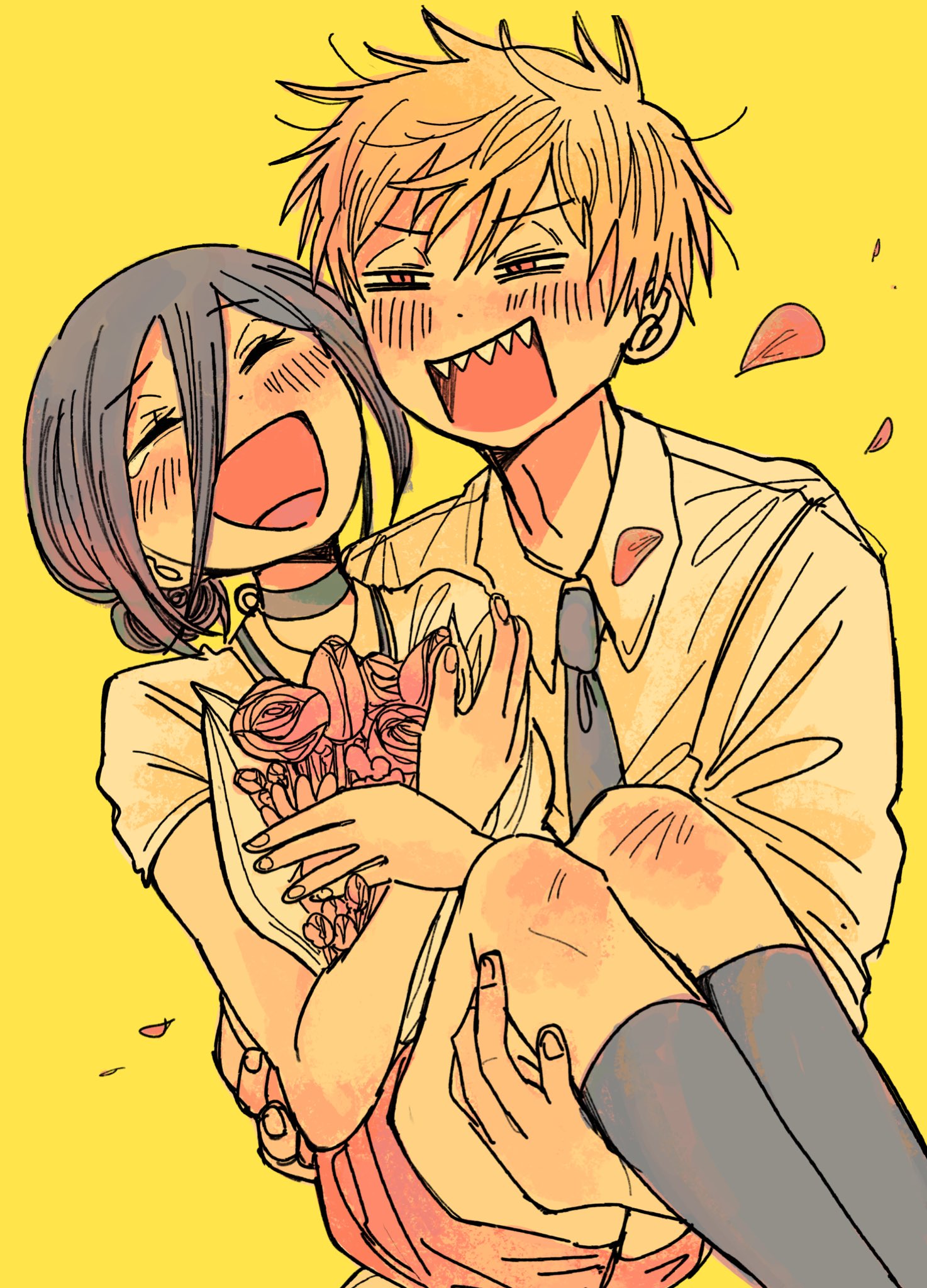 hanazu mari, denji (chainsaw man), reze (chainsaw man), chainsaw man, highres, 1boy, 1girl, black choker, black necktie, black socks, blonde hair, blue hair, blush, bouquet, breasts, carrying, choker, closed eyes, collared shirt, couple, flower, grenade pin, hair between eyes, hair bun, happy tears, hetero, holding, holding bouquet, laughing, medium breasts, medium hair, necktie, open mouth, pink shorts, princess carry, red eyes, shirt, short hair, shorts, smile, socks, tears, updo, white shirt, yellow background