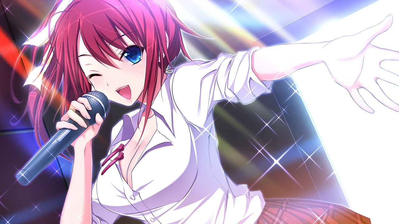 akino subaru, tsukishima kyou, hatsukoi 1/1, commentary request, game cg, 1girl, ;d, blue eyes, breasts, casual, collared shirt, hair ribbon, holding, holding microphone, karaoke, large breasts, looking at viewer, microphone, music, one eye closed, open mouth, outstretched hand, ponytail, red hair, red skirt, ribbon, shirt, side ponytail, singing, skirt, smile, solo, white shirt