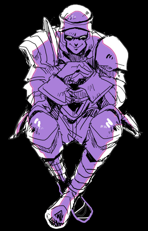 kmitty, mild mannered pate, dark souls (series), dark souls ii, commentary request, 1boy, armor, black background, breastplate, closed eyes, closed mouth, full body, helmet, male focus, monochrome, pants, pauldrons, purple theme, shoulder armor, simple background, sitting, smile, solo