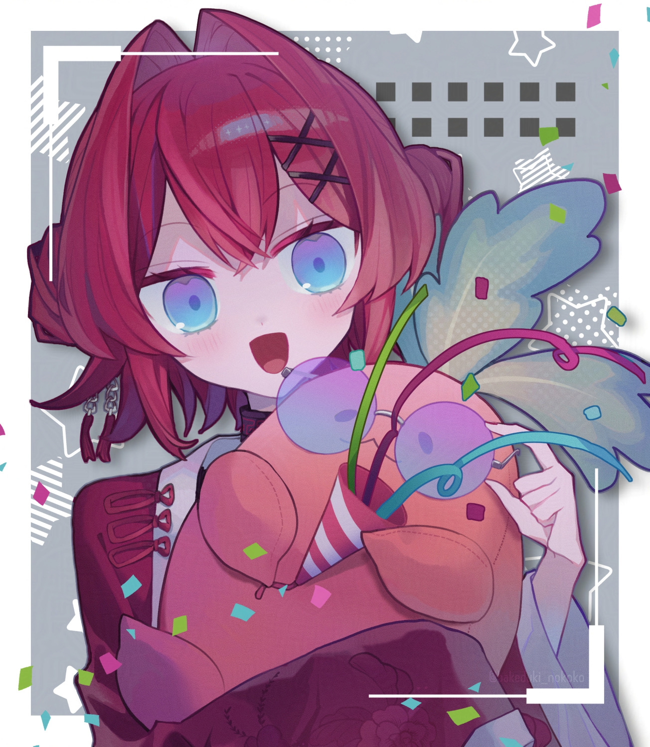 ange katrina, ange katrina (7th costume), mandragora (ange katrina), nijisanji, commentary request, highres, 1girl, :3, :d, bakeduki nokoko, ben-day dots, blue-tinted eyewear, blue eyes, blush, character doll, confetti, crossed bangs, doll, double-parted bangs, double bun, floral print jacket, gradient-tinted eyewear, gradient eyes, grey background, hair bun, hair intakes, hair ornament, hand up, holding, holding party popper, holding removed eyewear, jacket, long sleeves, looking at viewer, mandragora, multicolored eyes, open mouth, party popper, purple-tinted eyewear, purple eyes, red hair, red jacket, rimless eyewear, round eyewear, screentones, sleeves past fingers, sleeves past wrists, smile, star (symbol), streamers, stuffed toy, tassel, tassel hair ornament, tinted eyewear, twitter username, unworn eyewear, upper body, virtual youtuber, watermark, x hair ornament
