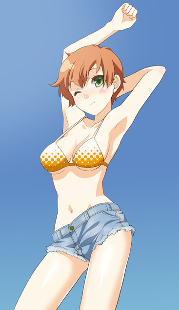 mattaku mousuke, armpits, arms up, bikini, bikini top only, cowboy shot, denim, denim shorts, freckles, green eyes, midriff, navel, one eye closed, orange bikini, short hair, shorts, simple background, solo, stretching, swimsuit, wink