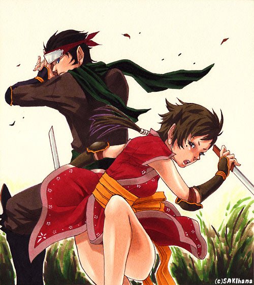 nabeya sakihana, original, bad id, bad pixiv id, 1boy, 1girl, brown eyes, brown hair, dagger, knife, mole, mole under eye, ninja, weapon