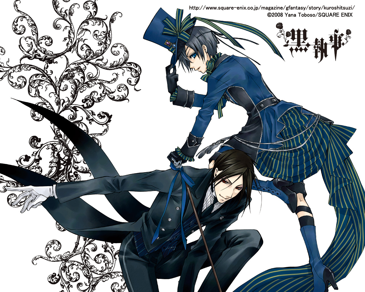 toboso yana, ciel phantomhive, sebastian michaelis, kuroshitsuji, baton, blue footwear, official art, 00s, 2boys, black hair, blue eyes, blue hair, boots, cane, coat, eyepatch, formal clothes, gloves, goth fashion, hat, high heels, male focus, multiple boys, red eyes, shoes, skull, suit, top hat, trench coat, tuxedo, tuxedo jacket