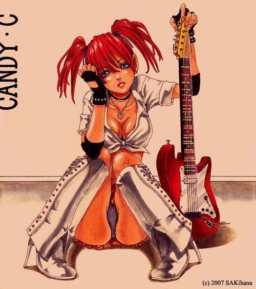 nabeya sakihana, candy cane (rumble roses), rumble roses, bad id, bad pixiv id, traditional media, 1girl, blue eyes, boots, breasts, cleavage, female focus, guitar, instrument, jewelry, necklace, panties, pantyshot, plaid clothes, plaid skirt, red hair, sitting, skirt, sleeves rolled up, solo, twintails, underwear, upskirt