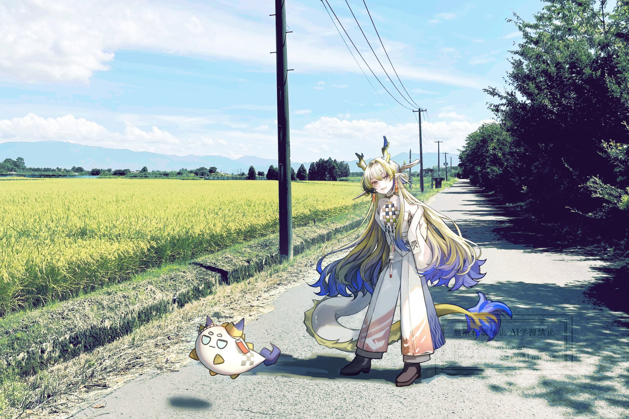 ametani, shu (arknights), arknights, commentary request, highres, 1girl, :d, bare shoulders, blonde hair, blue hair, blue sky, brown shoes, cloud, day, dragon bubble (arknights), dragon girl, dragon horns, dragon tail, earrings, field, full body, grey eyes, horns, jacket, jewelry, long hair, looking at viewer, multicolored hair, necklace, off shoulder, open mouth, outdoors, pants, photo background, plant, pointy ears, power lines, purple hair, road, rural, shadow, shoes, sky, smile, solo, standing, strapless, sunlight, tail, tree, tube top, utility pole, very long hair, watermark, white hair, white jacket, white pants, white tube top